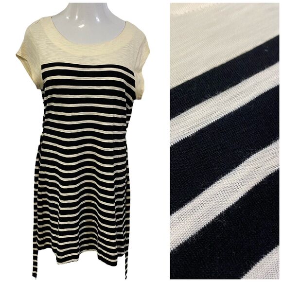 Merona Dress Womens Medium Stripe Belted Coastal Preppy Nautical Black Cream - Picture 1 of 15